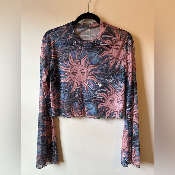 Tops - Celestial Mesh Cropped Crewneck Shirt Bell Sleeve Boho Hippie